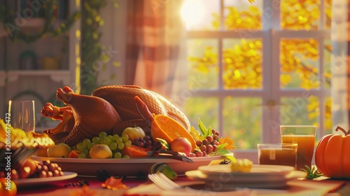 A Thanksgiving feast with a table overflowing with roasted turkey, mashed potatoes, and pumpkin pie car minimal