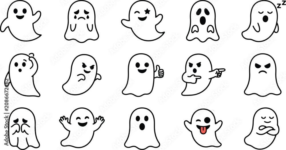 Fototapeta premium Happy Halloween Set of cute ghost emojis with different emotions Vector
