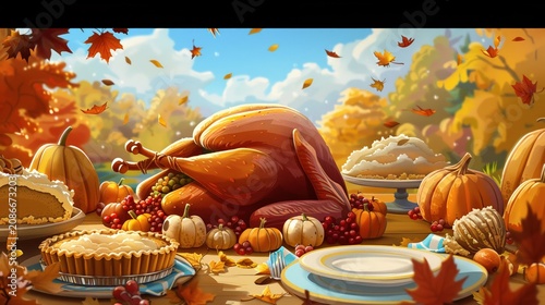 A Thanksgiving feast with a table overflowing with roasted turkey, mashed potatoes, and pumpkin pie car minimal