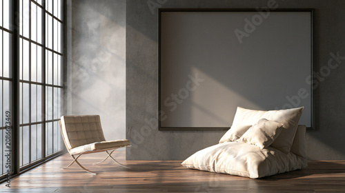 Cuadro en lienzo Luxury residential interior showcasing cream slipcovered lounge chair and indust