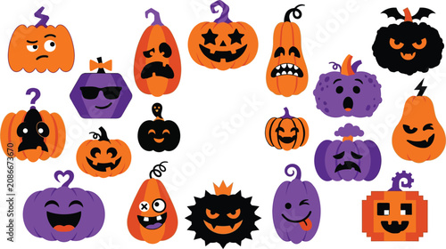 Fotografía Happy Halloween pumpkins and gourds with different faces Vector