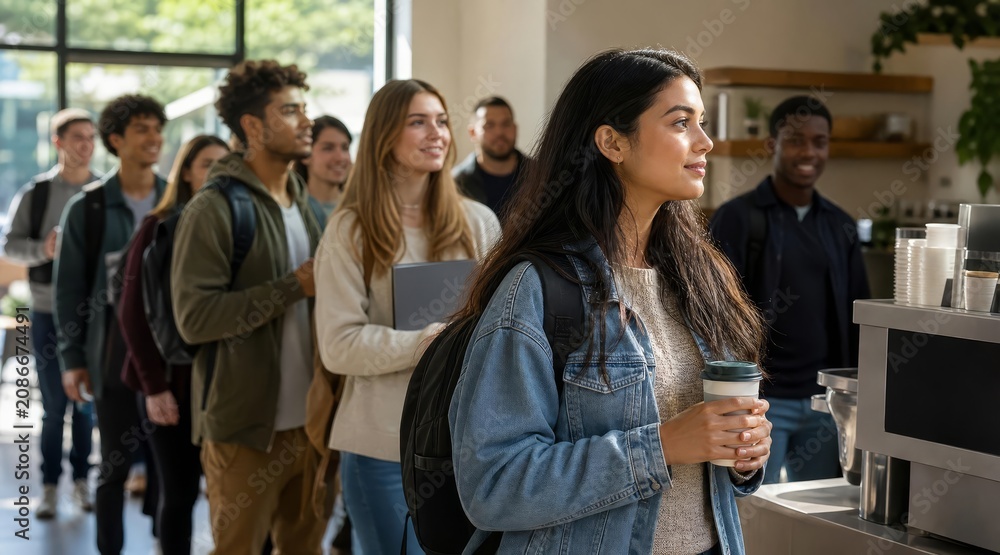 Obraz premium Diverse students in campus coffee shop queue