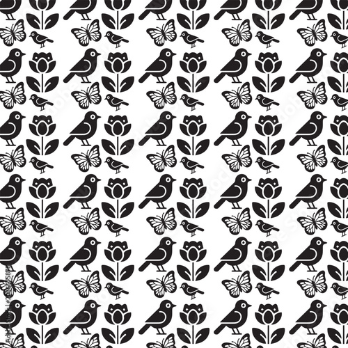 Black and White Bird and Butterfly Seamless Pattern on White Background
