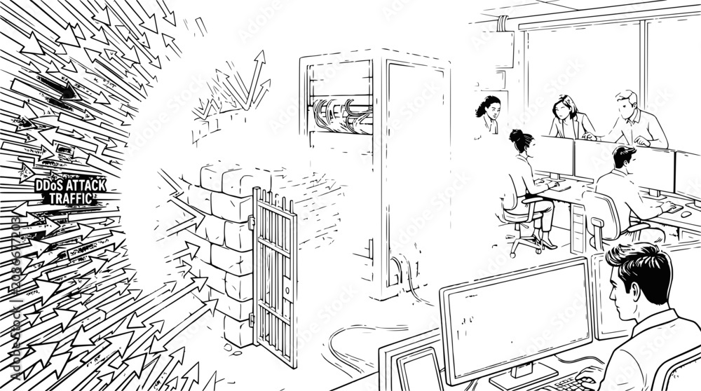 Fototapeta premium Cybersecurity: Network defense against DDoS attack, office team working
