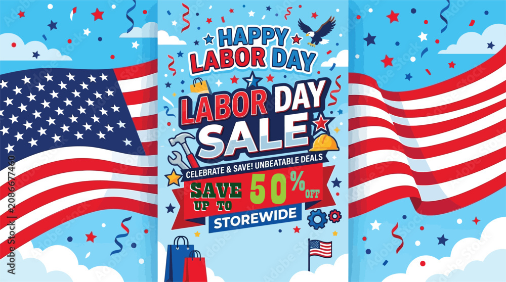 Fototapeta premium Labor day sale poster with american flags tools and shopping bags.