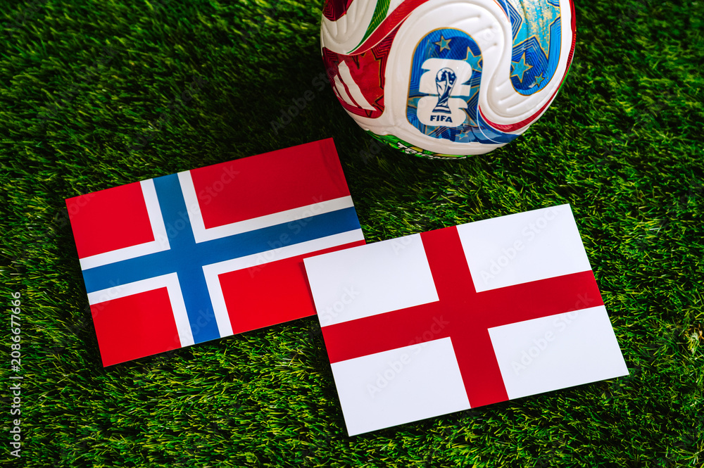 Obraz premium FIFA World Cup 2026 quarterfinal: Norway vs England, national flags before international football match. Ilustrational editorial photo