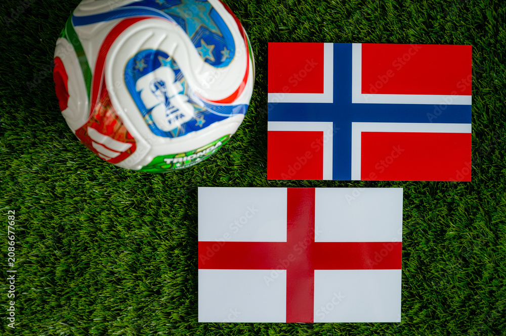 Obraz premium FIFA World Cup 2026 quarterfinal: Norway vs England, national flags before international football match. Ilustrational editorial photo