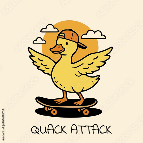 Φωτογραφία Duck Wearing Baseball Cap Riding Skateboard.