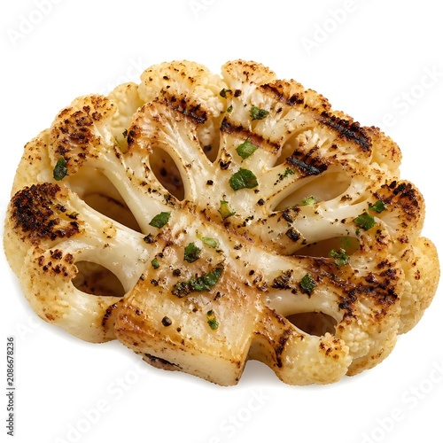 Grilled cauliflower steak with herbs isolated on white background