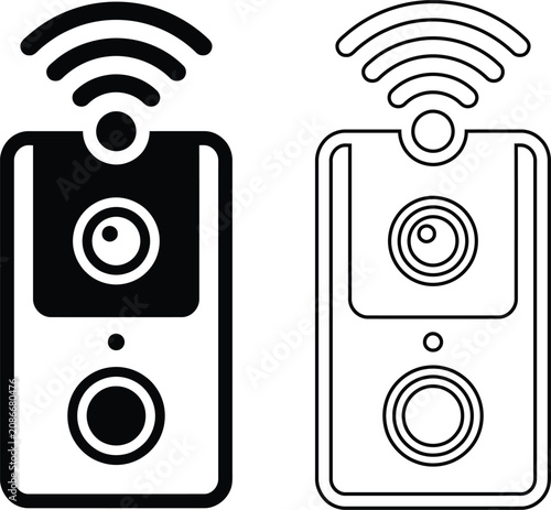 Smart wireless video doorbell icon in silhouette and outline vector style showing WiFi security camera, intercom device, home automation, and surveillance