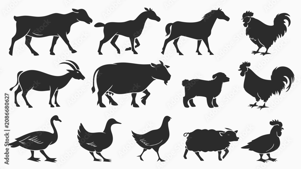 Fototapeta premium Silhouette Collection of Farm Animals Including Cows, Chickens, and Goats in Black