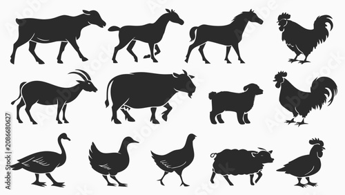 Obraz na płótnie Silhouette Collection of Farm Animals Including Cows, Chickens, and Goats in Bla