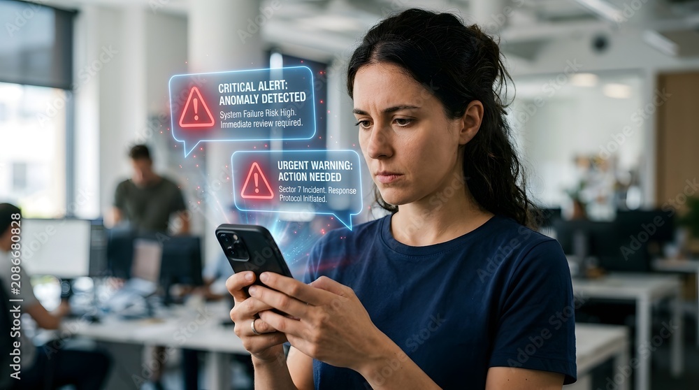 Fototapeta premium Woman alerted by holographic red security warning bubbles on smartphone indicating critical anomaly and abnormal login