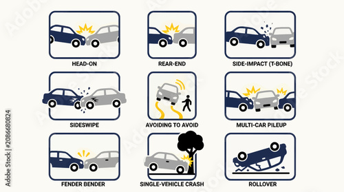 Foto Collection of Flat Vector Icons Illustrating Various Car Accident Types: Head-on