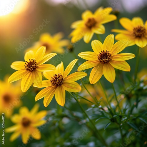 Beautiful background with golden august flowers during early morning, morning sunrise, abstract feel image, nature summertime, selective focus