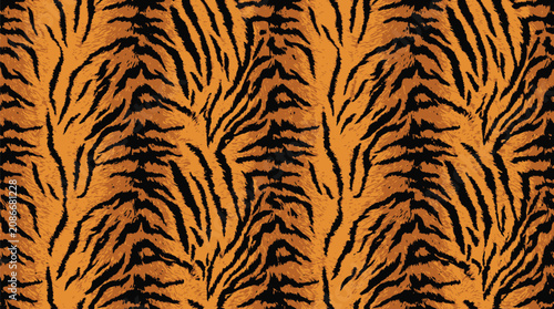 Vibrant hand drawn style tiger skin pattern with vertical black stripes and orange fur details.