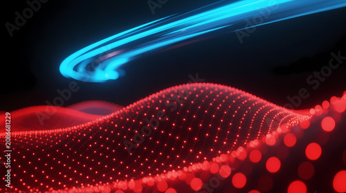 Red digital terrain with flowing blue beam