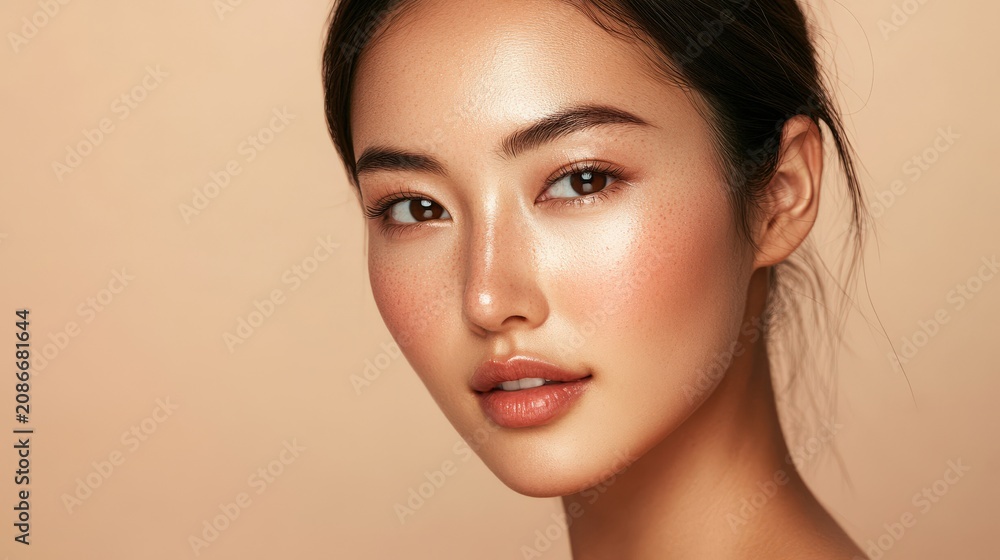 Fototapeta premium Young woman with natural makeup poses against a soft beige background.