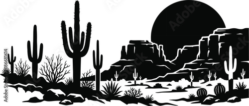 Desert canyon silhouette with saguaro cacti and sunset sun vector graphic.