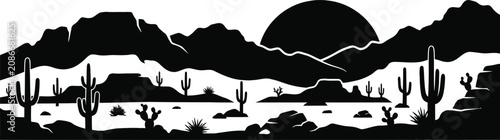 Desert landscape with mountains and cactuses, a vector silhouette of western nature scenery.