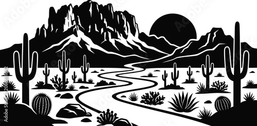 Detailed desert road landscape with mountains and cactuses, a vector silhouette of western nature scenery.
