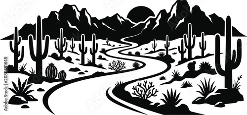 Desert road landscape with mountains and cactuses, a vector silhouette of western nature scenery.