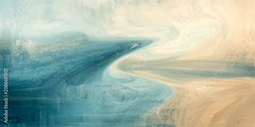 Foto Abstract Fluid Dynamics swirling abstract painting featuring harmonious blend of turquoise blue and sandy beige hues, evoking a sense of serene motion and elemental forces, perfect for modern decor