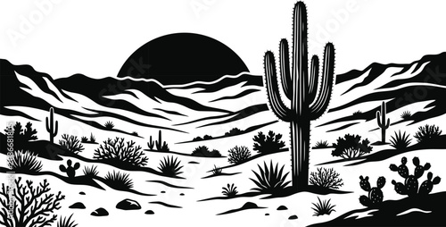Desert scene silhouette with saguaro cactus, sand dunes, and setting sun.