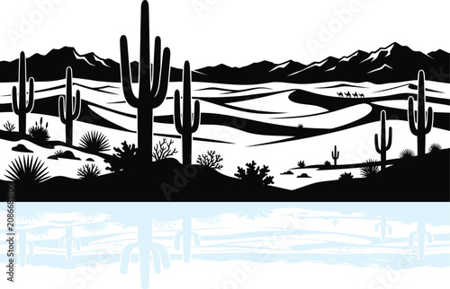 Desert landscape illustration with saguaro cacti and mountain horizon reflection.