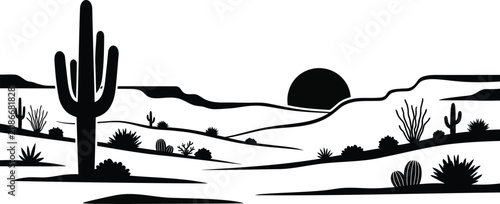 Desert landscape silhouette with saguaro cacti and mountains under setting sun.