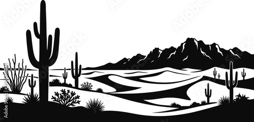 Desert sand dunes silhouette with saguaro cacti and mountain backdrop.