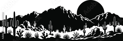 Desert scene with rocky terrain saguaro cacti and sunset background.
