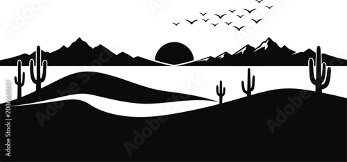 Sunset desert landscape with mountain range and flying birds silhouette.