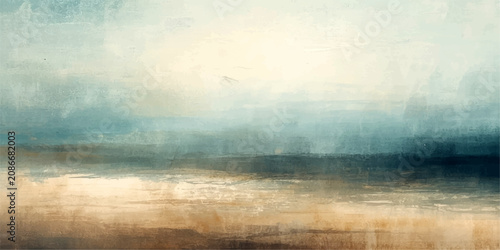 Bild auf Leinwand Abstract Coastal Landscape dreamscape evokes a serene coastal panorama with its ethereal blend of muted blues, sandy beiges, and earthy browns, suggesting distant shores and the vastness of the sea