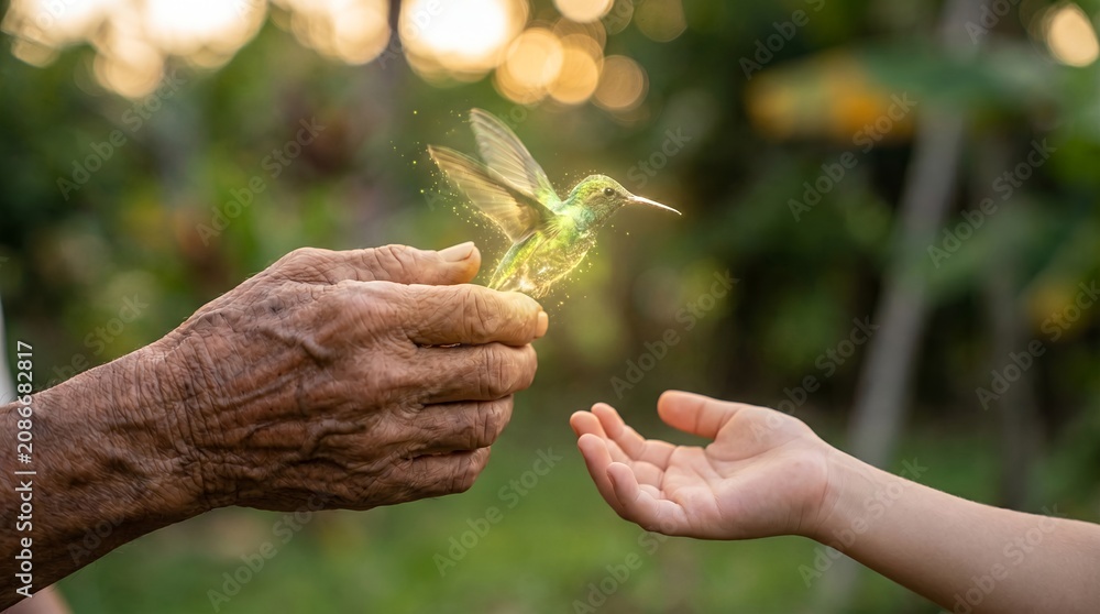 Fototapeta premium elderly hand releasing bird hope freedom family generation legacy nature tiny glowing bird flying toward a young palm suggests freedom blessing and tender hope passed from one generation to the next