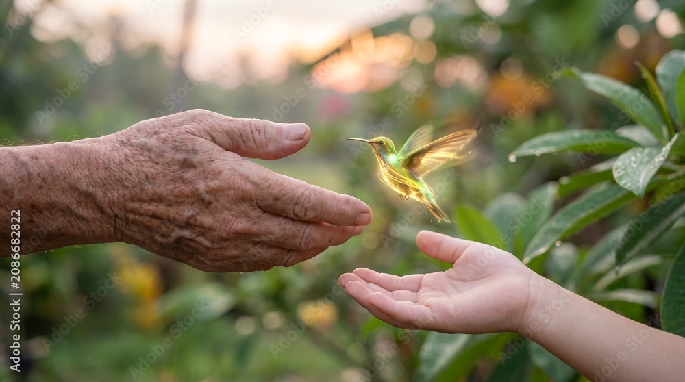 Fototapeta premium old hand glowing hummingbird blessing heritage future hope family wisdom garden setting with radiant bird conveys renewal fragile beauty and a caring elder sharing optimism with younger hands