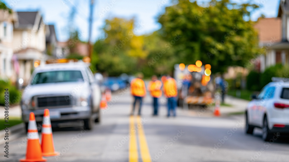 Obraz premium Blurred Photograph of Sanitation Workers Maintaining Wastewater System in Neighborhood