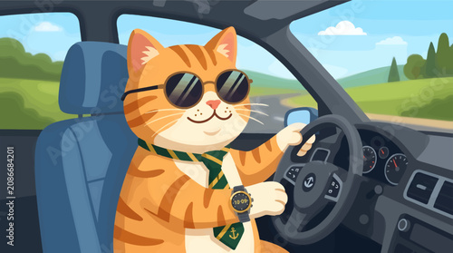 Bild auf Leinwand Cute Cartoon Tabby Cat Wearing Sunglasses and Smart Tie Driving a Car on a Sunny