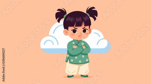 Cuadro en lienzo Cute Flat Design Vector Illustration of an Angry Toddler Girl with Dark Pigtails