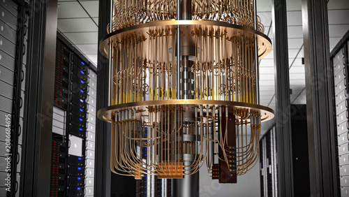 Photography Quantum computing system installed inside modern data center server racks