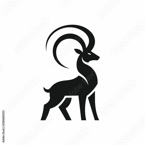 Fotografia Stylized Silhouette of a Mountain Goat with Curved Horns.