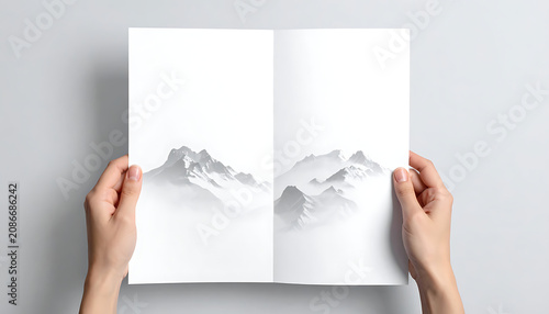 Hands Holding White Paper With Folded Three Dimensional Mountain Silhouette Landscape