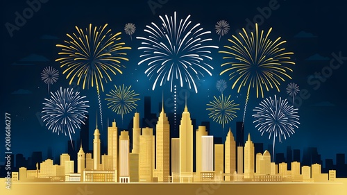 Fireworks Display Over City Skyline at Night with Palm Trees Silhouette
