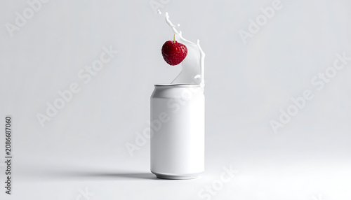Fresh Strawberry Dropping Into White Can Creating Splash of White Liquid on Minimal Background