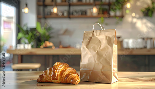 Freshly Baked Croissant and Crumpled Paper Bag on Wooden Table in Cozy Kitchen with Morning Light