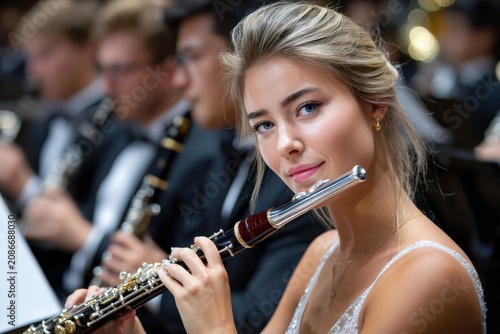 Young musician performs with clarinet in orchestral concert setting at evening event