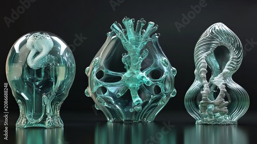 Intricate 3d printed sculptures of organic forms, showcasing complex patterns and translucent blue resin against a dark background