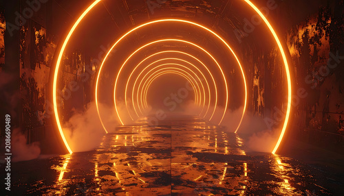 Glowing Orange Circular Light Tunnel With Reflective Wet Floor and Fog in Dark Surroundings