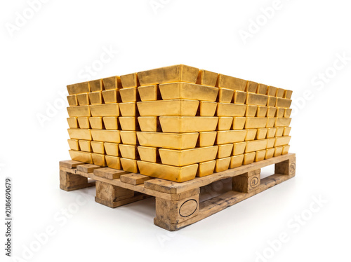 Gold bullions stacked on Euro pallet, isolated on white background. AI generated.
