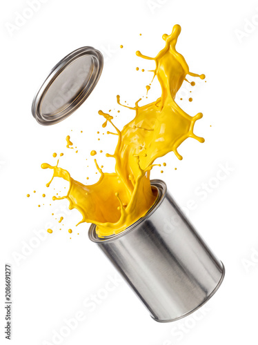 Yellow paint splash evolving from falling paint can isolated on white background. AI generated.